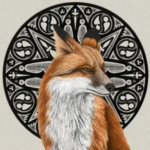Illustration renard Dessin crayon de couleur d’un renard avec une rosace gothique en fond