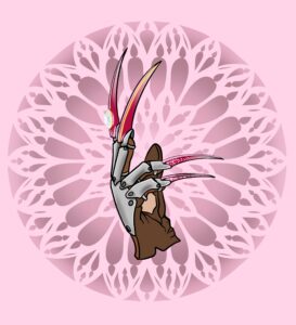 Dessin de la main de Freddy krueger avec de longs ongles manucurée. Logo rose ôur onglerie.